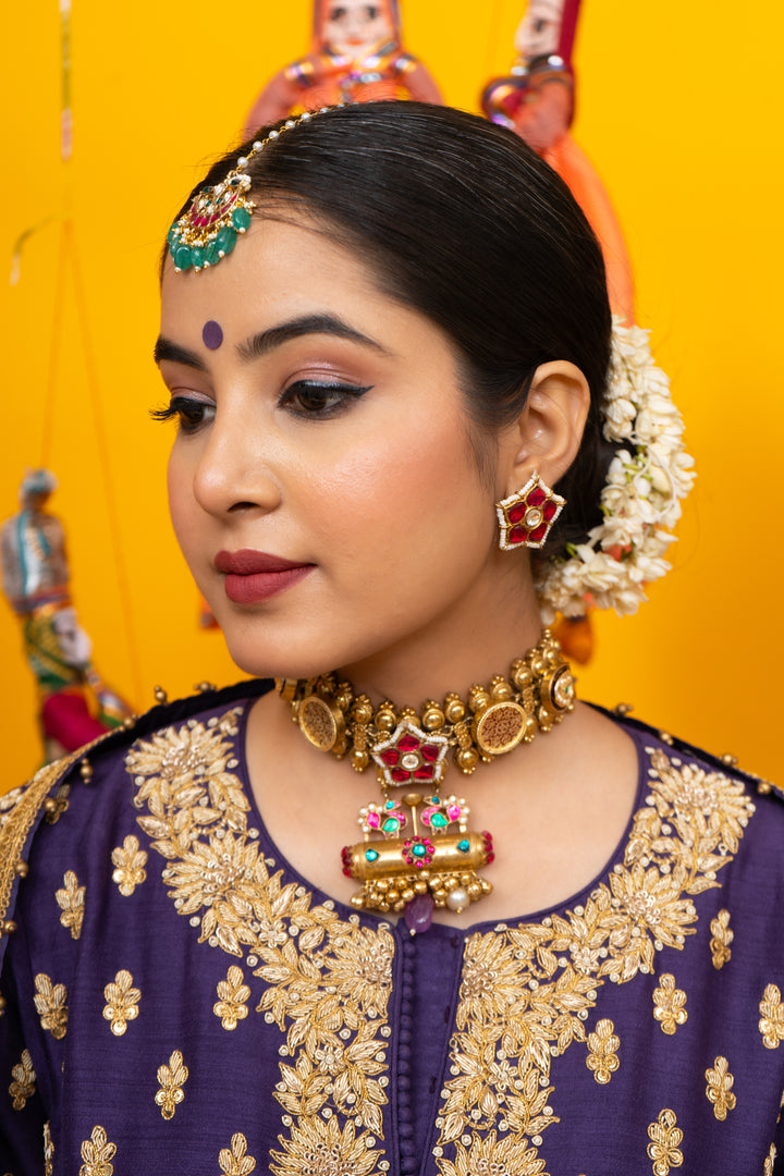 Patiala Kundan Polki Necklace Set with Maangtika