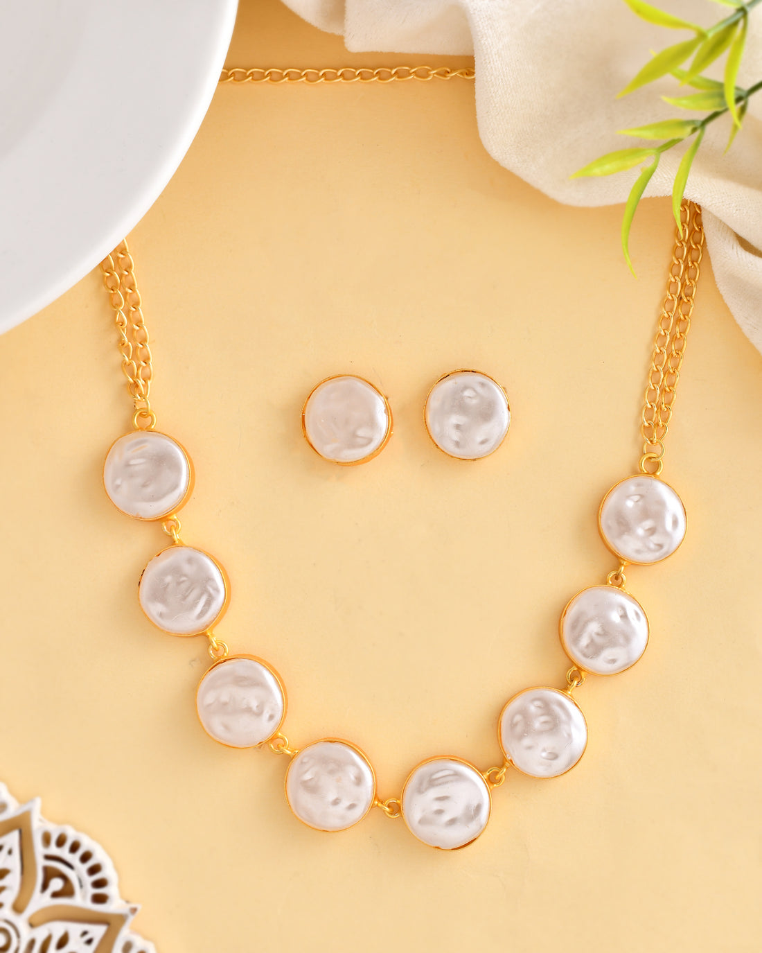 Desire Mother of Pearl Necklace Set with Pearl Earrings