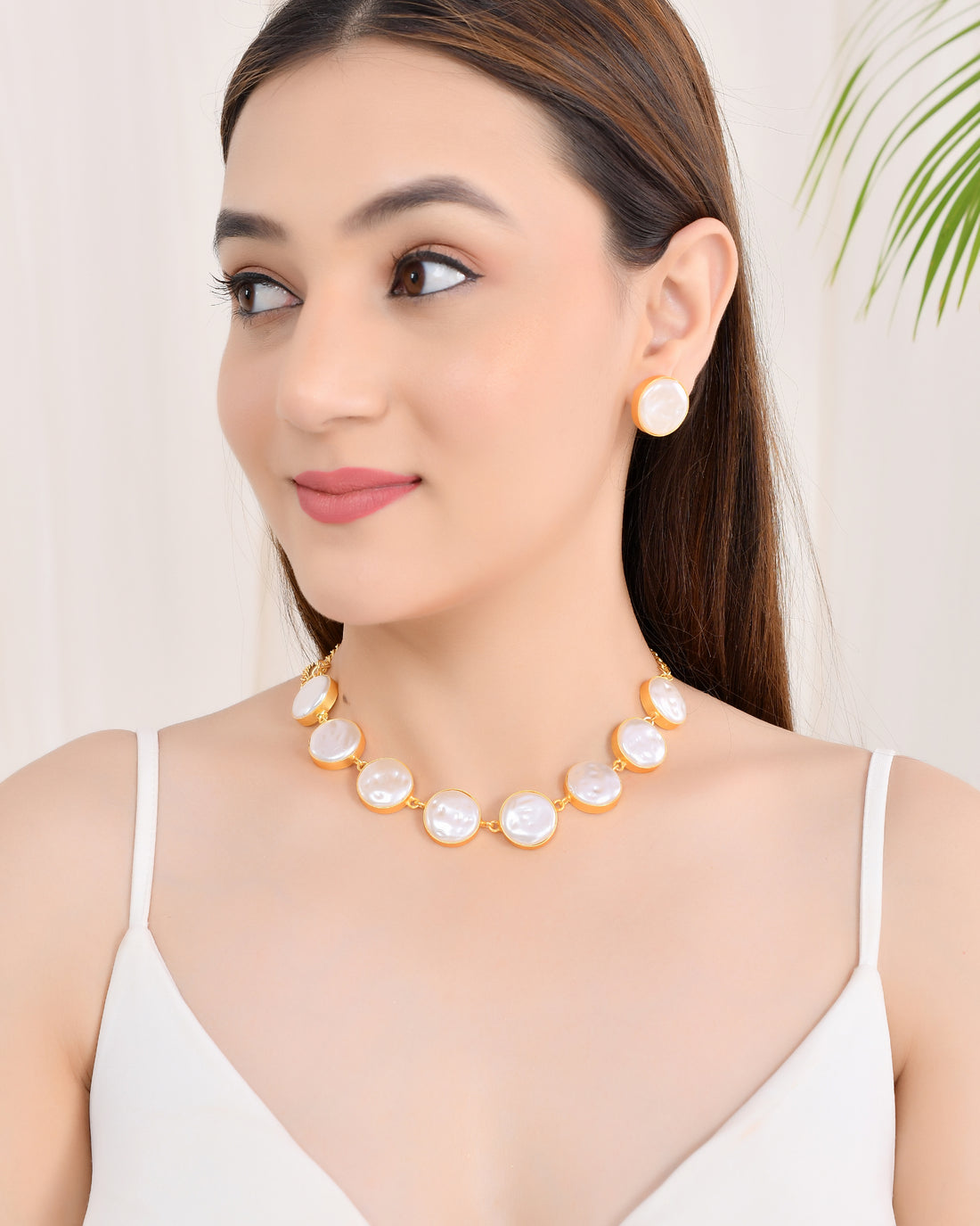 Desire Mother of Pearl Necklace Set with Pearl Earrings
