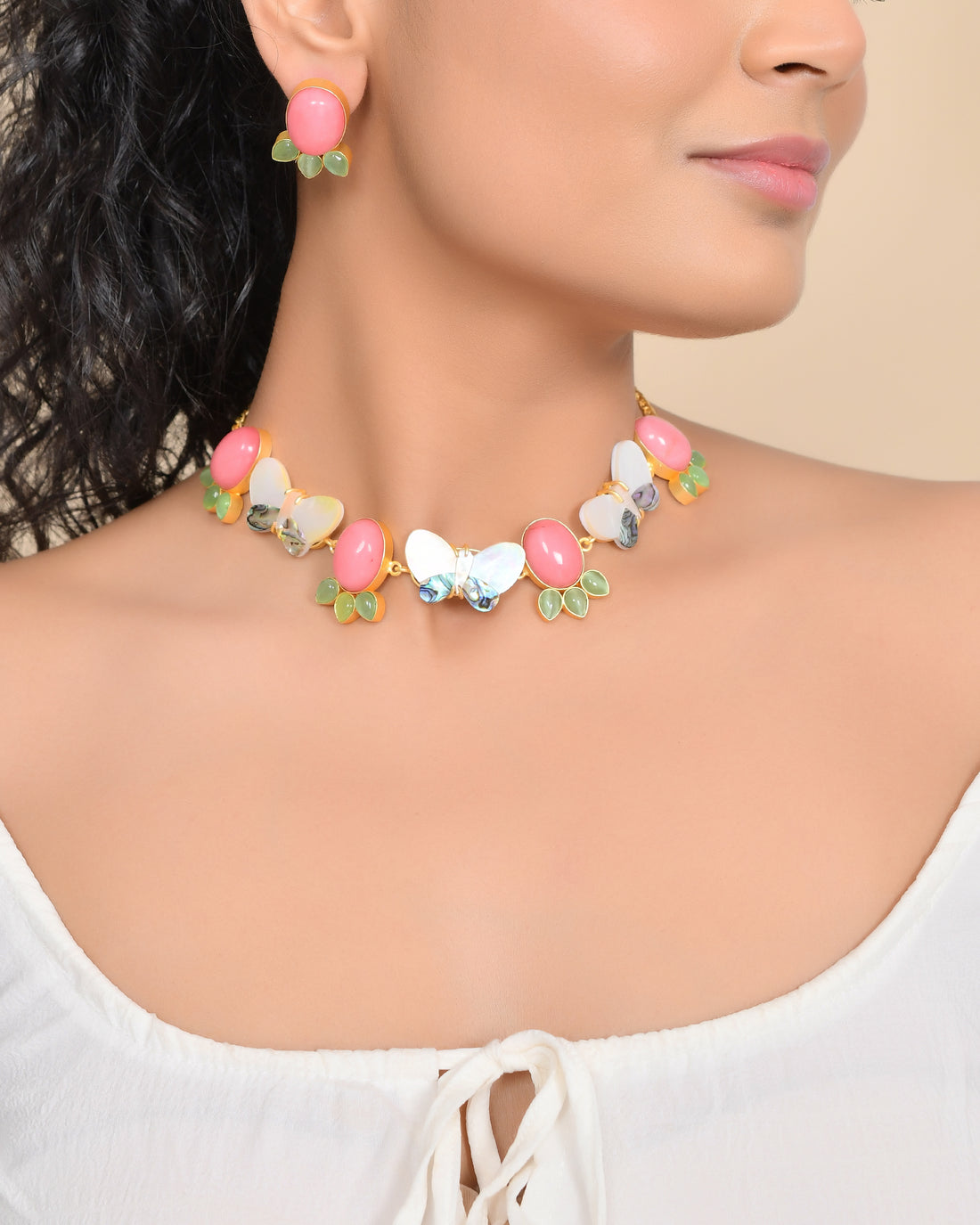 Glimmer Pink Mother of Pearls Necklace Set with Earrings