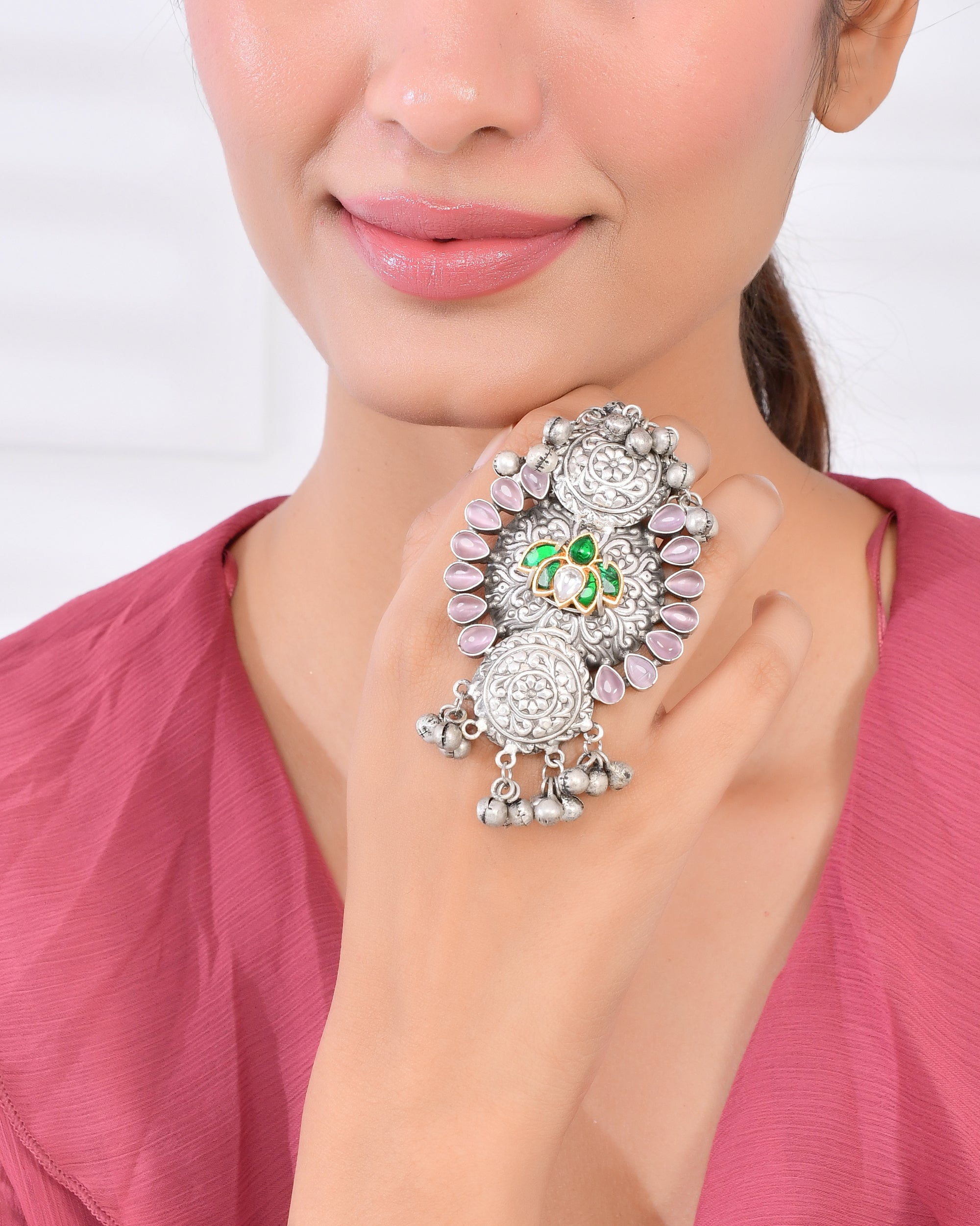 OXIDISED LOTUS KUNDAN RING